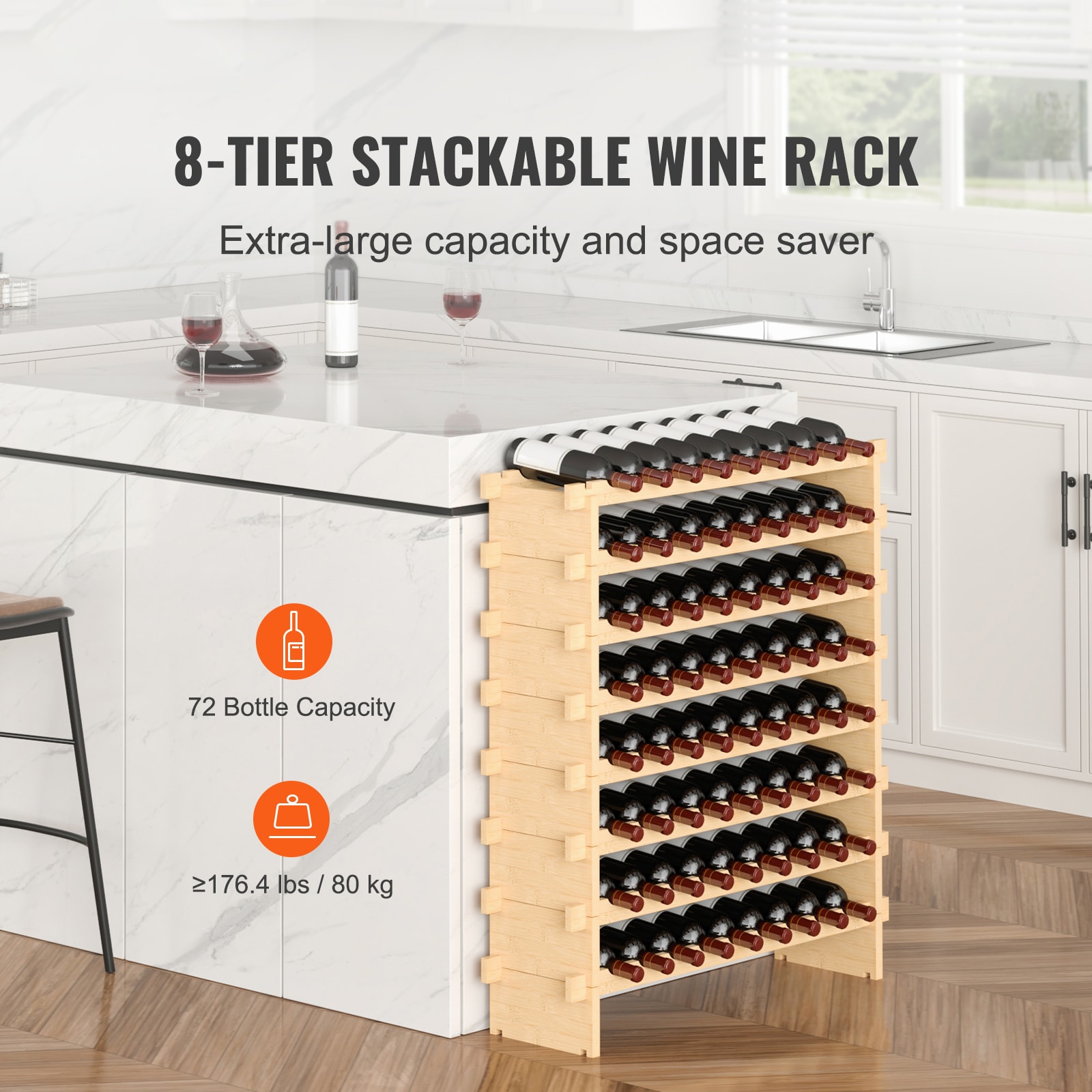 72 Bottle Stackable Modular Wine Rack Bamboo Wood Display Shelf 8-Tier_voghion.com